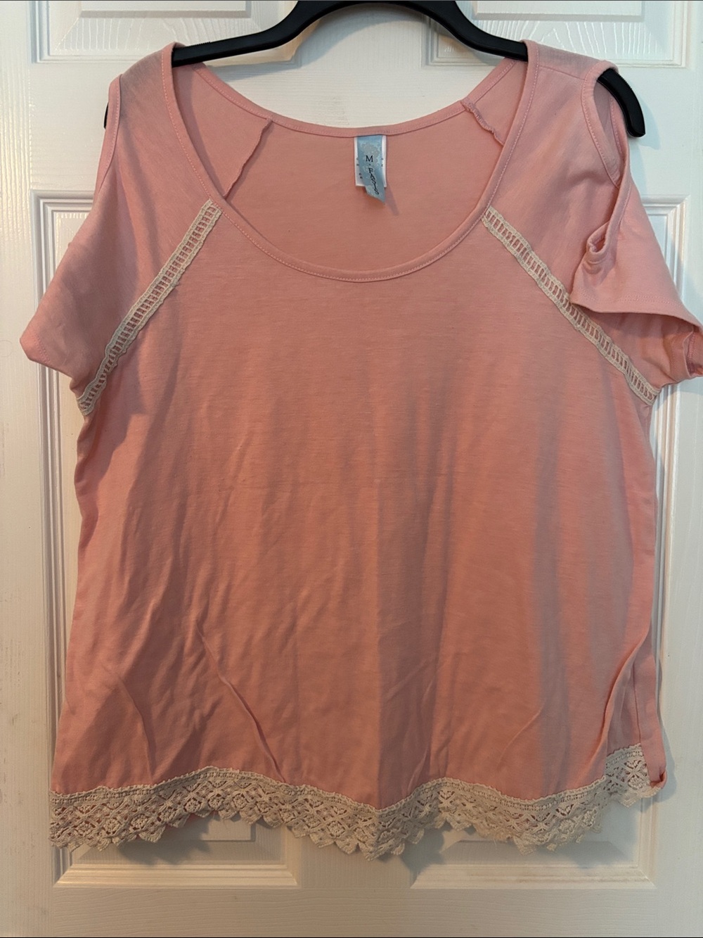 Women's Pink Lace-Trim Cold-Shoulder Top